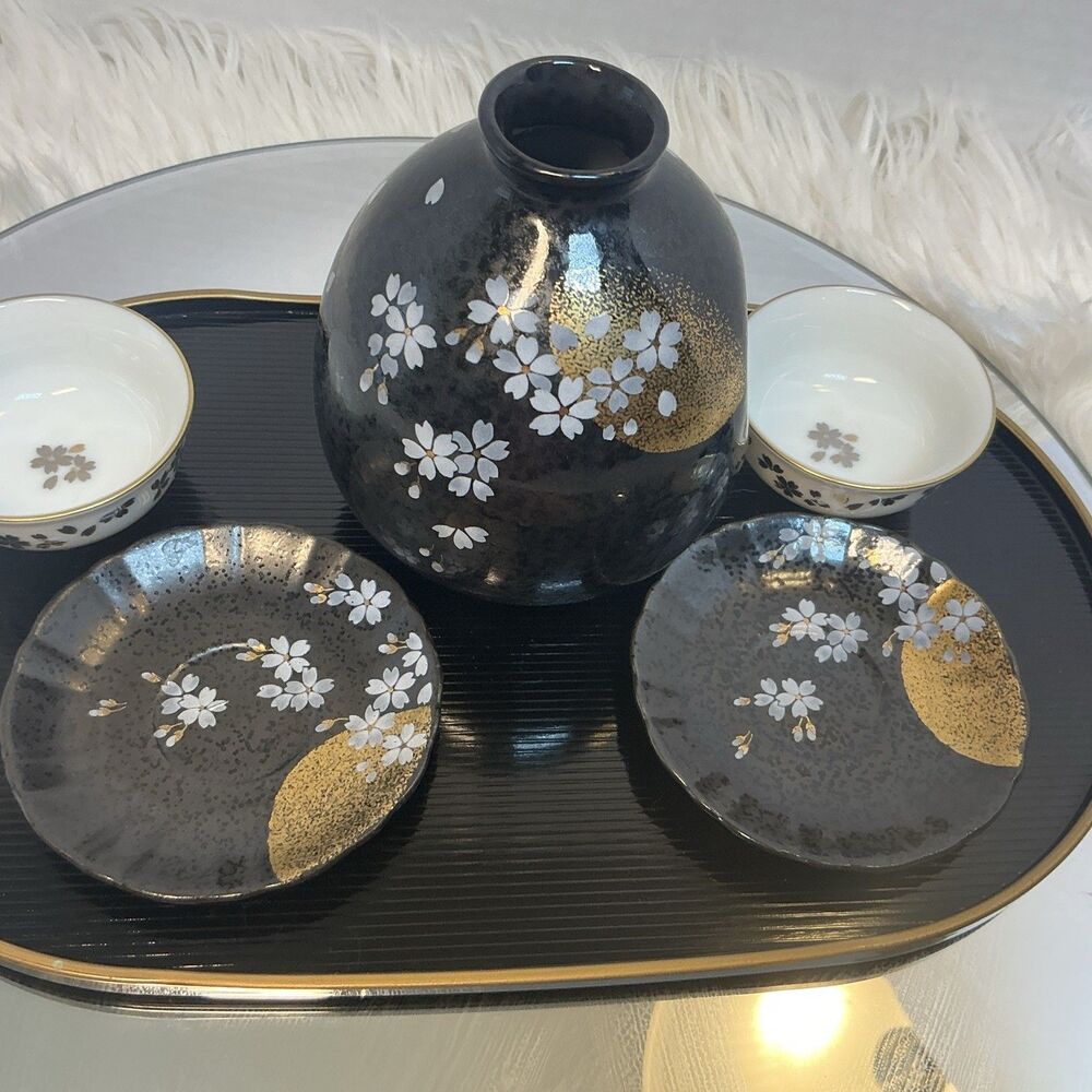 VTG Japanese Saki Set Black Lavender Gold Sakura Banco Style Tokkuri 6 Piece